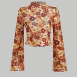 MOD Top con estampado floral ribete en forma de lechuga de malla