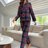 Conjunto de pijama con estampado de tartan ribete en contraste