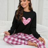 Conjunto de pijama con estampado de corazon & de cuadros