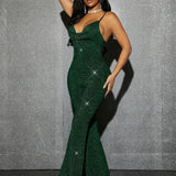 SXY Draped Collar Backless Glitter Flare Leg Jumpsuit Cut Out Backless Catsuit