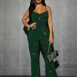 SXY Draped Collar Backless Glitter Flare Leg Jumpsuit Cut Out Backless Catsuit