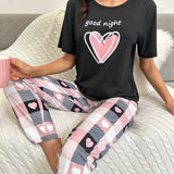 con estampado de corazon y letra CamiConjuntoa & con estampado de cuadros Pantalones Conjunto de pijama