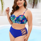 Swim Curve Conjunto de bikini con estampado tropical, parte superior con sujetador con aros y bottom de bikini de cintura alta entrecruzada, traje de bano de 2 piezas