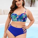 Swim Curve Conjunto de bikini con estampado tropical, parte superior con sujetador con aros y bottom de bikini de cintura alta entrecruzada, traje de bano de 2 piezas