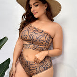 Swim Curve Traje de baño de bikini con estampado de piel de serpiente, a grande, corte de un hombro y recorte lateral para playa y verano