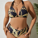 Swim Curve Banador bikini con estampado de cadena con abertura halter triangulo de talle alto