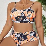 Swim Vcay Conjunto de bikini con estampado floral, sujetador sin aros y bottom de bikini de cintura alta, traje de bano de 2 piezas