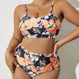 Swim Vcay Conjunto de bikini con estampado floral, sujetador sin aros y bottom de bikini de cintura alta, traje de bano de 2 piezas