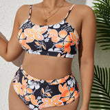 Swim Vcay Conjunto de bikini con estampado floral, sujetador sin aros y bottom de bikini de cintura alta, traje de bano de 2 piezas