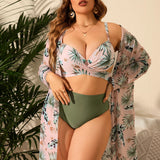 Swim Vcay Conjunto de bikini con estampado tropical, parte superior cruzada con lazo en la espalda, sujetador push-up, bottom de bikini de cintura alta y traje de bano de 3 piezas tipo kimono