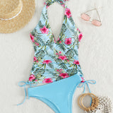 Swim Lushore Conjunto de tankini con estampado tropical Top de bano halter y parte inferior de bikini con cordon lateral Traje de bano de 2 piezas