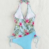 Swim Lushore Conjunto de tankini con estampado tropical Top de bano halter y parte inferior de bikini con cordon lateral Traje de bano de 2 piezas