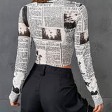 EZwear Top crop con estampado de periodico