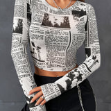 EZwear Top crop con estampado de periodico