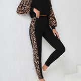 LUNE Leggings con camiseta con estampado de leopardo de manga raglan