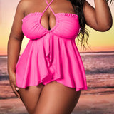 SXY Conjunto de tankini rosa neon con ribete de volantes, parte superior fluida con cuello halter y bottom de talle alto, traje de bano de 2 piezas