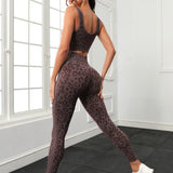 Yoga Trendy Conjunto de Yoga con estampado de leopardo inconsutil, 2 piezas, ropa de gimnasio, sujetador sin mangas y mallas con control de barriga en la cintura ancha