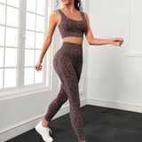 Yoga Trendy Conjunto de Yoga con estampado de leopardo inconsutil, 2 piezas, ropa de gimnasio, sujetador sin mangas y mallas con control de barriga en la cintura ancha