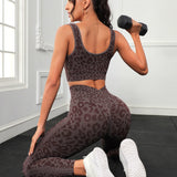 Yoga Trendy Conjunto de Yoga con estampado de leopardo inconsutil, 2 piezas, ropa de gimnasio, sujetador sin mangas y mallas con control de barriga en la cintura ancha