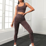 Yoga Trendy Conjunto de Yoga con estampado de leopardo inconsutil, 2 piezas, ropa de gimnasio, sujetador sin mangas y mallas con control de barriga en la cintura ancha