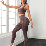 Yoga Trendy Conjunto de Yoga con estampado de leopardo inconsutil, 2 piezas, ropa de gimnasio, sujetador sin mangas y mallas con control de barriga en la cintura ancha