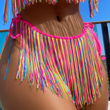 Swim Vcay Bottom de bikini de rayas de colores bajo con fleco con cordon lateral