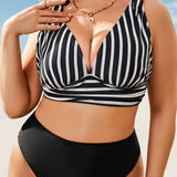 Swim Vcay Top bikini de rayas de hombros con cordon