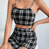 PETITE Conjunto De Dos Piezas De Top Cami De Estampado A Cuadros Y Falda Pantalon Con Diseno Cruzado En El Dobladillo