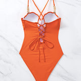Swim Traje de bano de una pieza con decoracion de perlas, espalda descubierta y detalle de borde de corte con estampado de encaje, para usar en la playa durante el verano