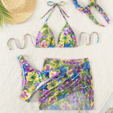 Swim Banador bikini triangulo halter con estampado floral con falda de playa & Panuelo