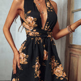 VCAY Floral Print Plunging Neck Crisscross Tie Backless Romper