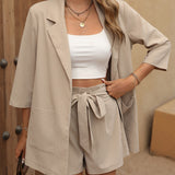 Clasi de cuello con solapa con parte delantera abierta Blazer con Shorts con cinturon