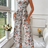 VCAY Floral Print Ruffle Trim Wide Leg Cami Jumpsuit