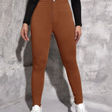 EZwear Pantalon ajustado de cintura alta para mujer en unicolor. Pantalon casual de primavera/verano