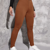 EZwear Pantalon ajustado de cintura alta para mujer en unicolor. Pantalon casual de primavera/verano