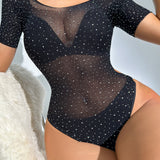 Body teddy con diamante de imitacion tachuela de malla sin forro