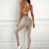 Yoga Sxy Conjunto de 2 piezas de Yoga inconsutil, conjunto de gimnasio, camiseta sin mangas recortada en la espalda, mallas que abrazan la cadera