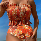 Swim Vcay Banador bikini con estampado floral Smocked bajo con fruncido