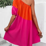 VCAY Vestido de color combinado de un hombro de manga farol