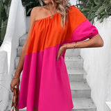 VCAY Vestido de color combinado de un hombro de manga farol