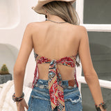 Rusttydustty Top Brasier sin tirantes con estampado floral bajo con fleco de espalda abierta con cordon