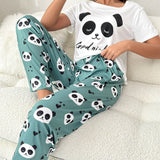 Conjunto de pijama pantalones con camiseta con estampado de panda y slogan