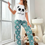 Conjunto de pijama pantalones con camiseta con estampado de panda y slogan