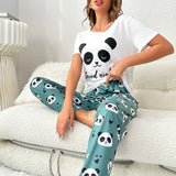 Conjunto de pijama pantalones con camiseta con estampado de panda y slogan