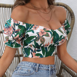 VCAY Blusa con estampado floral de hombros descubiertos con cordon trasero crop playa