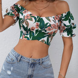 VCAY Blusa con estampado floral de hombros descubiertos con cordon trasero crop playa