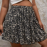 Frenchy Plus Ditsy Floral Print Ruffle Hem Skirt