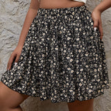 Frenchy Plus Ditsy Floral Print Ruffle Hem Skirt