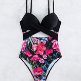 Swim Banador una pieza push up con estampado floral con tira cruzada