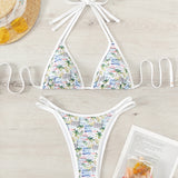 Swim Mod Conjunto de bikini con estampado de palmeras y barcos Sujetador de triangulo halter y parte inferior de bikini Traje de bano de 2 piezas